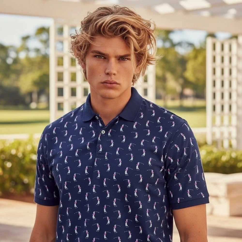 Polo Golf Ralph Lauren Shirt Men's XL Navy Blue All Over Golfer‎ Print
